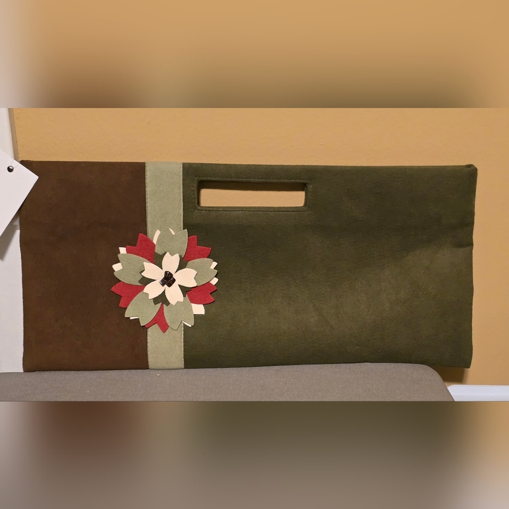 Chic Olive and Brown Clutch with Floral Detail